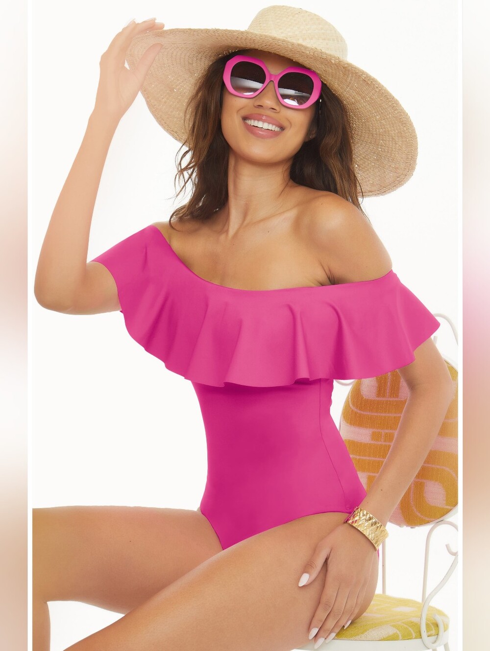 Trina Turk Monaco Off the Shoulder Ruffle One-Piece Swimsuit Bright Pink 12 $158